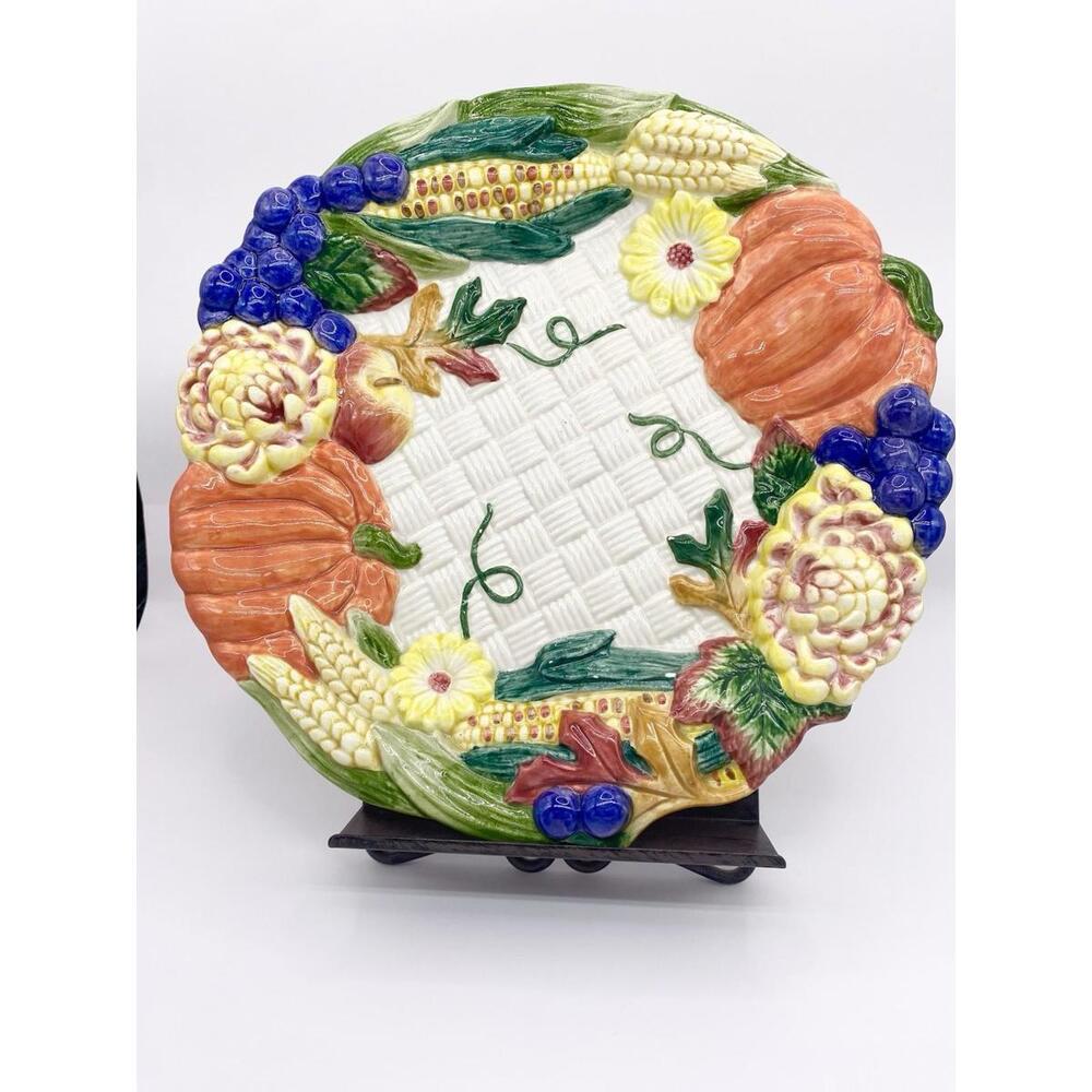 Fitz & Floyd Autumn Bounty Plate Pumpkin Apple Corn Flowers Fall Retired 1996